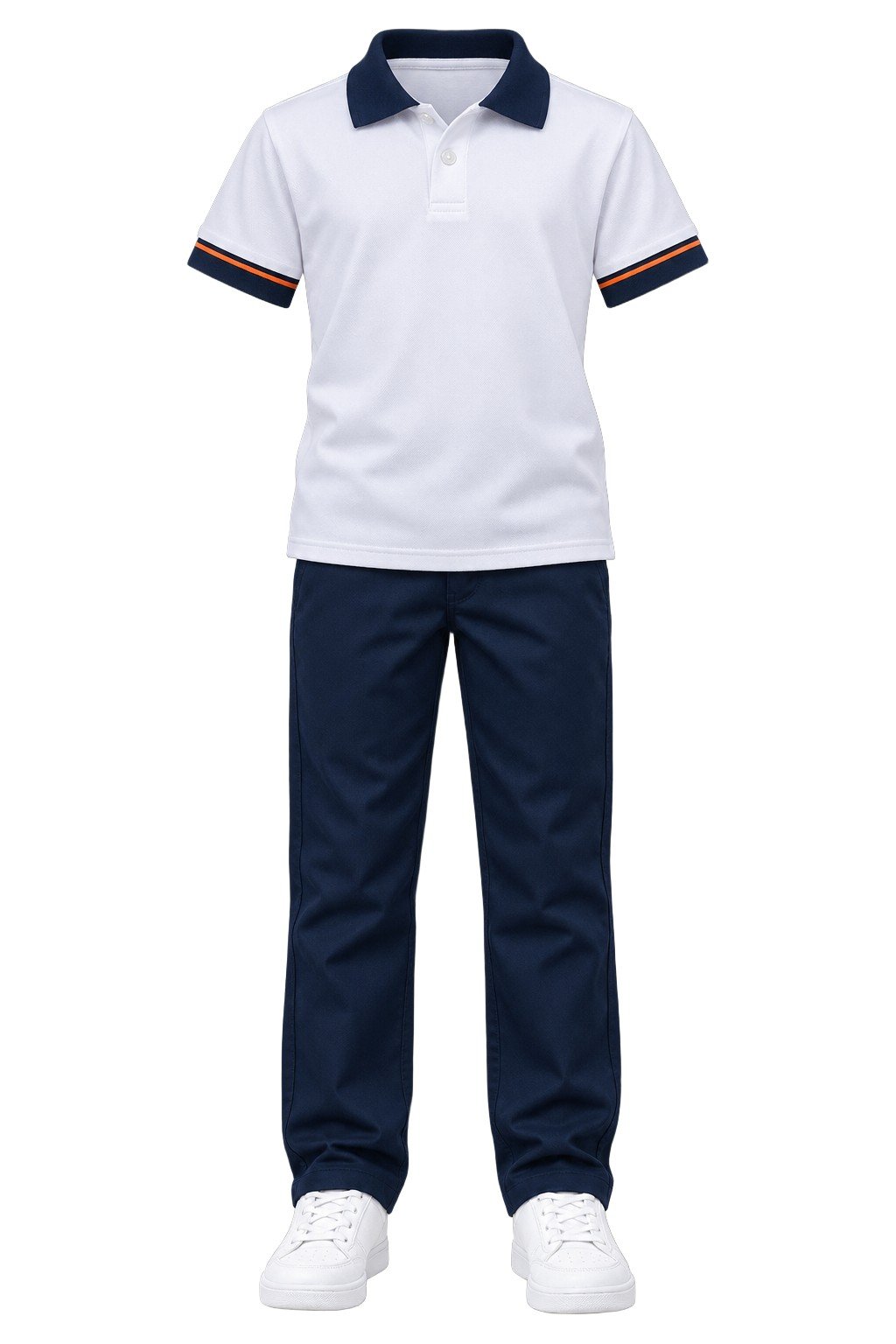 Uniforme escolar — polo branco e calça azul